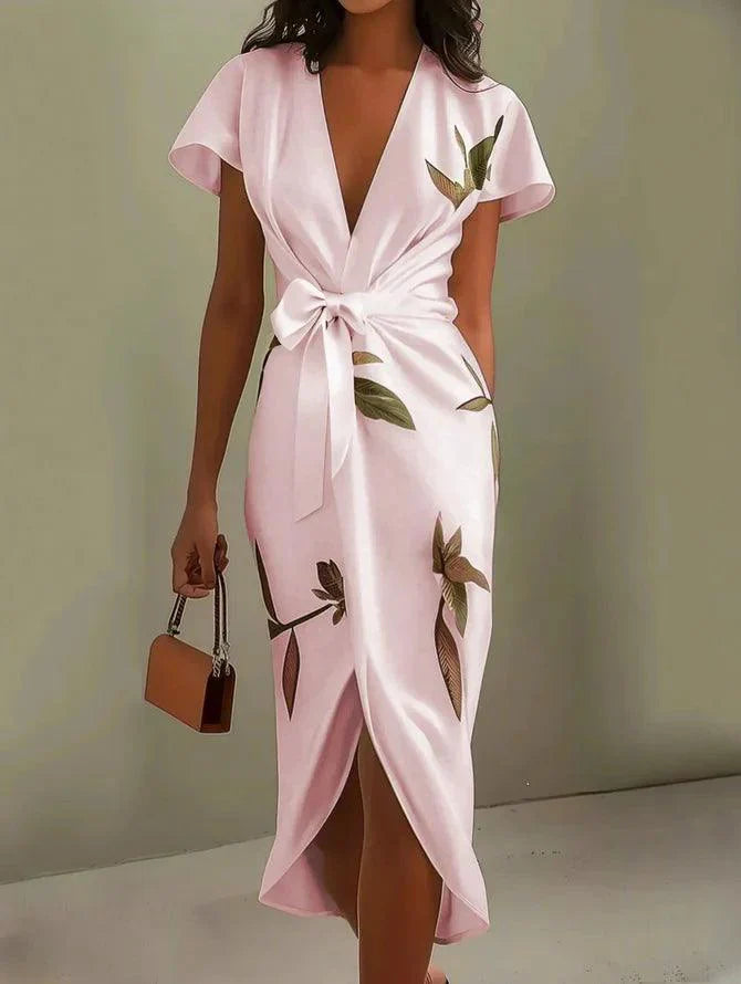 NORA | WHITE LEAF SHORT SLEEVE SATIN WRAP SHEATH MIDI DRESS