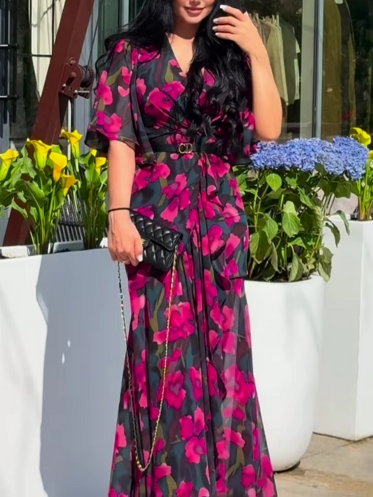 SCARLETT | RETRO V-NECK TRUMPET SLEEVE PRINTED DRESS