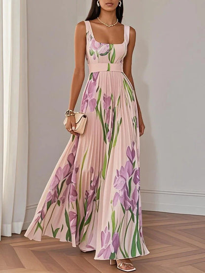 LUCY | WHITE PLEATED FLORAL CHIFFON SQUARE NECK SLEEVELESS A-LINE MAXI DRESS