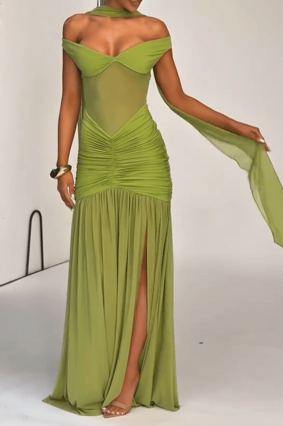 ISLA | V-SHOULDER MAXI DRESS - OLIVE