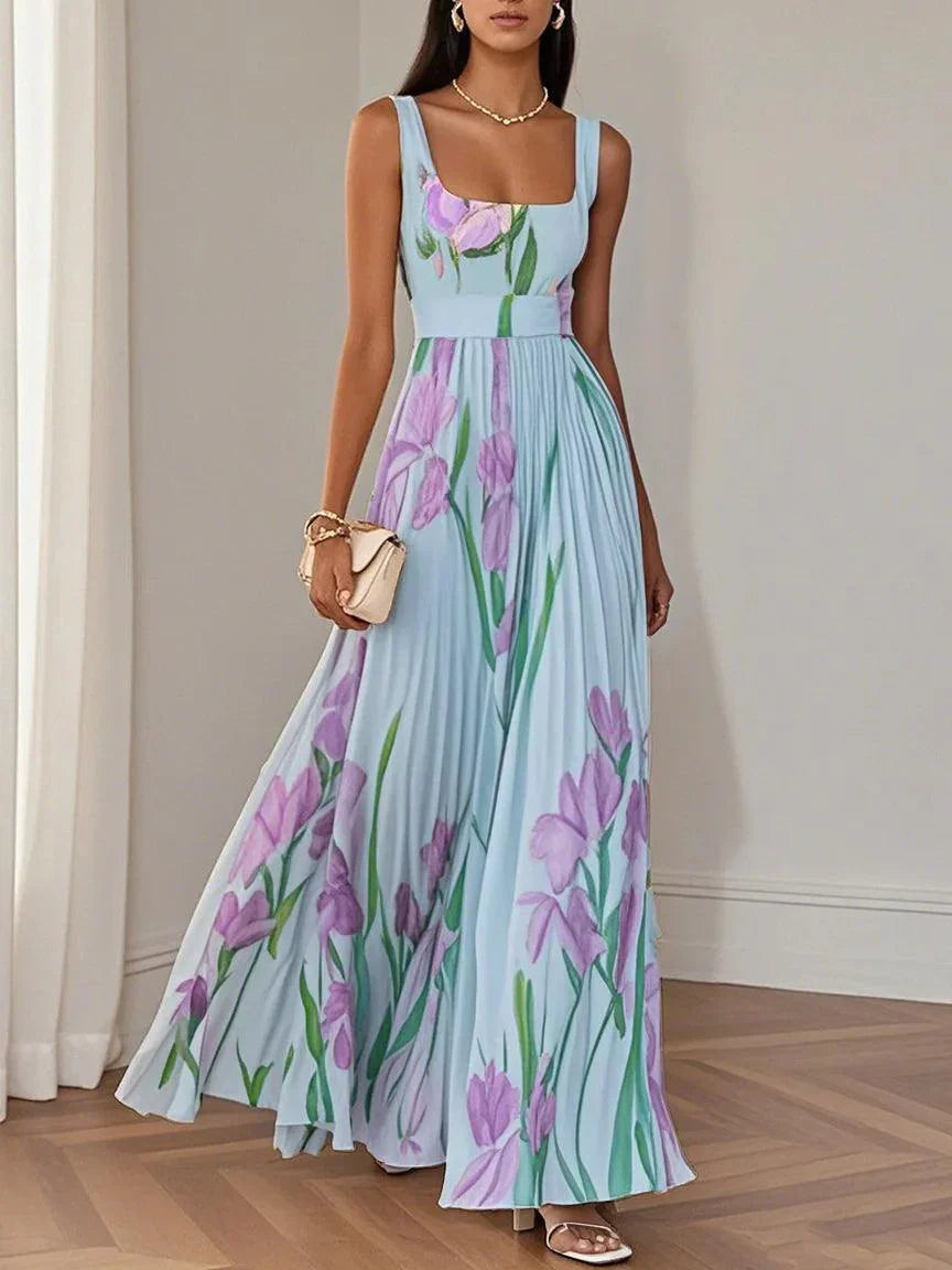 LUCY | WHITE PLEATED FLORAL CHIFFON SQUARE NECK SLEEVELESS A-LINE MAXI DRESS