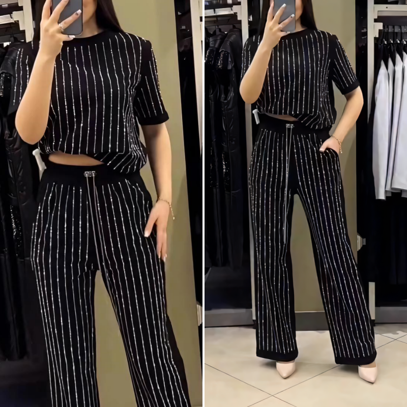 SOPHIA | SPARKLING RHINESTONE STRIPED KNIT TWO-PIECE SET